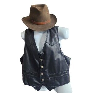 VTG Jerry's Leather Custom Black Vest BUFFALO NICKLE Snaps-44-Cowboy/Biker/Moto